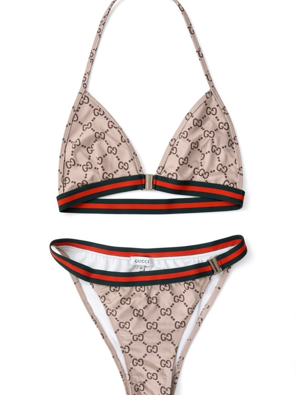 Gucci Beige GG Monogram Triangle Bikini with Green & Red Webbing